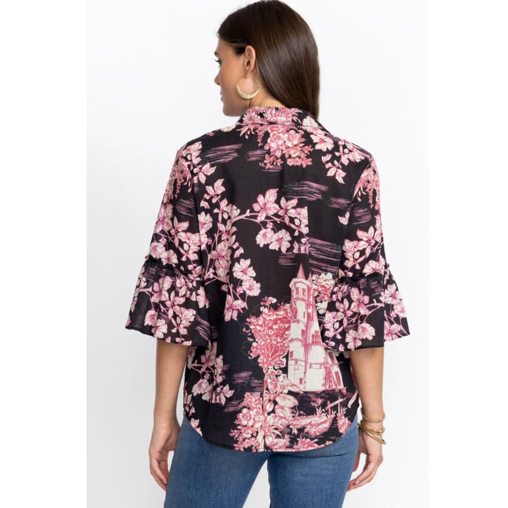 JOHNNY WAS House on the Hill Ruffle Sleeve Blouse Pink/Black Size L - Picture 13 of 13